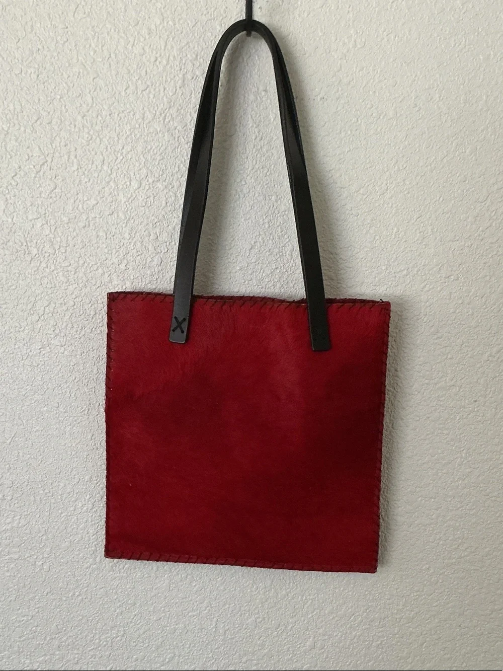 Red Calf-Hair Tote with Black Leather Handles by Adriana Caras Made in Italy 🇮🇹 - Picture 4 of 6